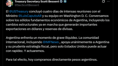 El Tesoro de Estados Unidos intervino directamente en el mercado cambiario argentino