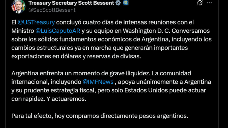 El Tesoro de Estados Unidos intervino directamente en el mercado cambiario argentino