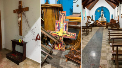 Así quedó la iglesia de El Bolsón vandalizada por mapuches