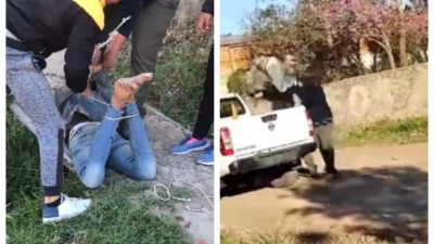 Vecinos atraparon a un ladrón, lo ataron con una soga y fue tirado al patrullero