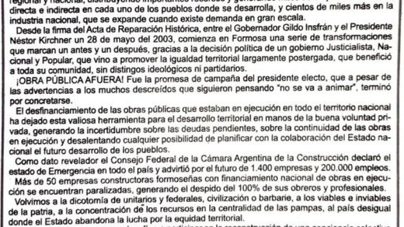 Pronunciamiento en defensa de Formosa ante "un hecho de extrema gravedad institucional"