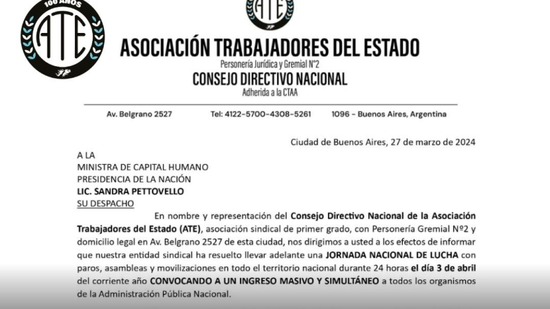 ATE protestará con ingresos masivos a ministerios y organismos