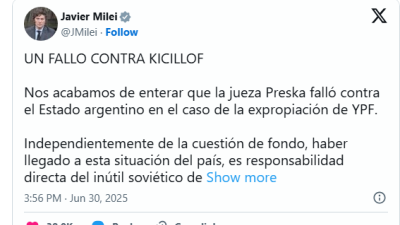 La reacción de Milei por el fallo de YPF: culpó a Kicillof y lo llamó "inútil soviético"