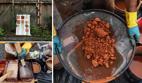 Los pigmentos aplicados a la pintura fueron todas las variaciones posibles obtenidas usando tierras y barros de Brumadinho. La insistente paleta de tonalidades marrones busca honrar la memoria de las víctimas sepultadas por el barro y denunciar el daño ecológico causado por la minera Vale.
