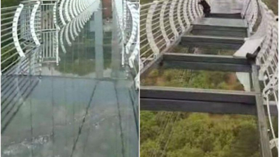 Terror en la altura: cedió el piso de cristal del puente y un turista quedó colgando