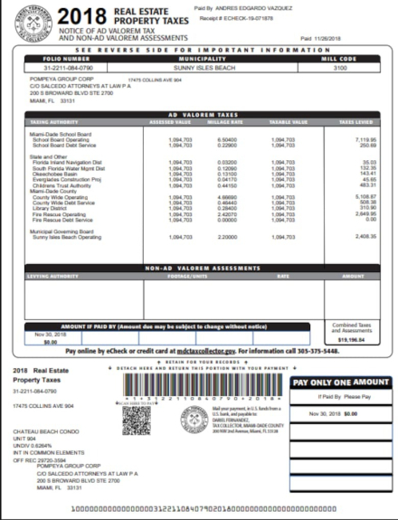 Constancia de 2018 del pago de impuestos por parte de Andrés Vázquez por una propiedad en Miami.jpg