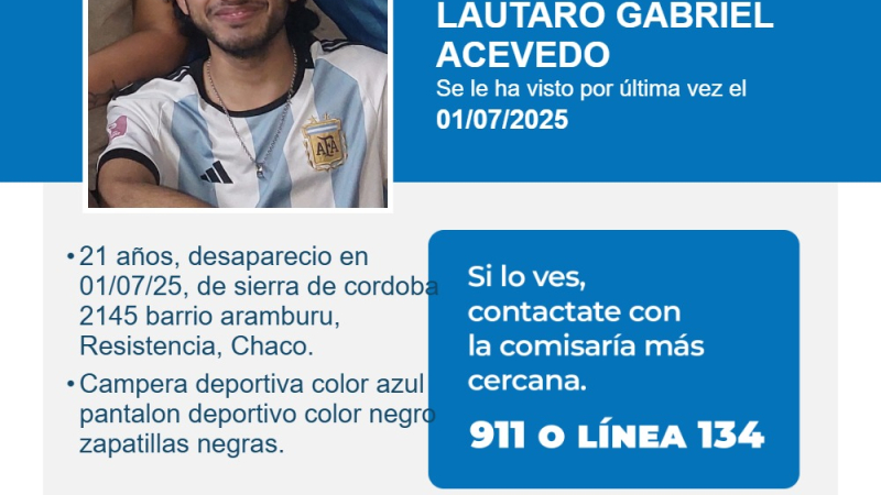 Buscan a joven de 21 años desaparecido en Resistencia