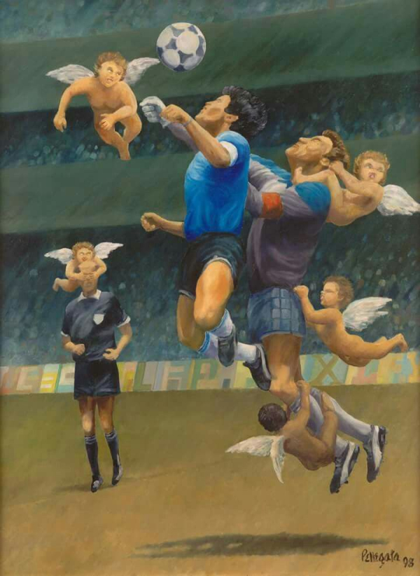 1.- “Cuando los ángeles ayudan a tu destino”, de Pedro Daniel Pelegatta, defensor de Tigre con récord de partidos jugados entre 1969 y 1980. (Otra versión dice que el cuadro se llama “La venganza de Los Ángeles”, donde cada querubín representa un continente, en alusión a los crímenes cometidos por los ingleses en cada uno de ellos)