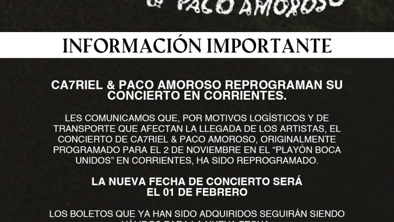 Reprograman para febrero el show de Ca7riel y Paco Amoroso