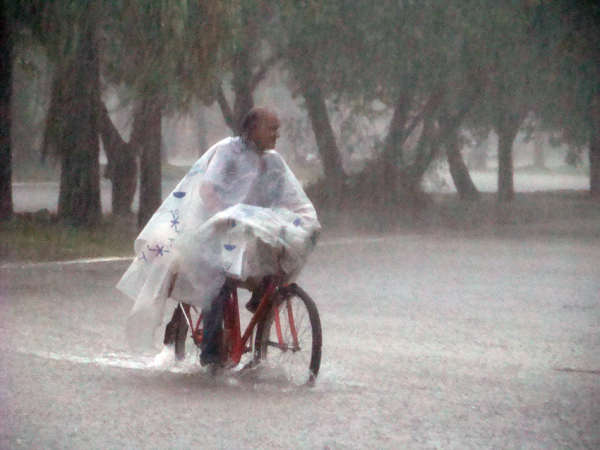 <p>"CANILLITA": Sin intimidarse por la lluvia torrencial que había inundado casi toda la ciudad, el canillita de NORTE José Luis Escobar cumple con si misión como cada día. Como hace cincuenta años.  Foto: Fabián Maldonado </p>