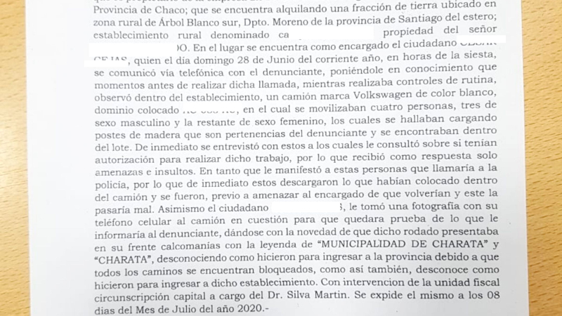 Productor denunció que personas en un camión del Municipio de Charata intentaron llevarse postes de su campo