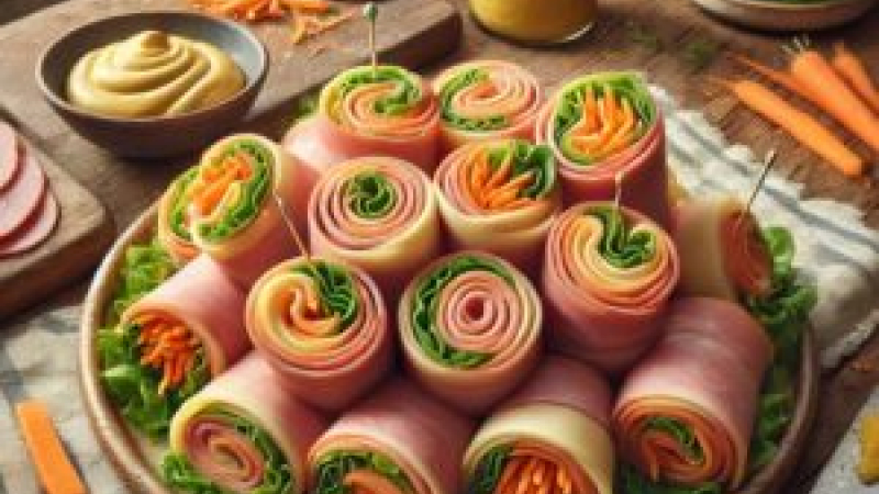 Rollitos de jamón y queso con hojas verdes, una entrada exquisita y fácil de hacer