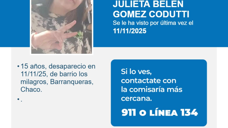Buscan a una adolescente de 15 años en Barranqueras